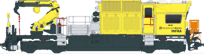 The new track motor vehicle is a multifunctional vehicle equipped for work on the superstructure and also on the sides.