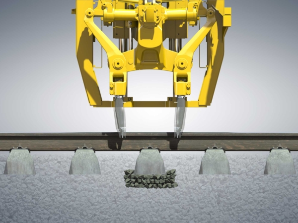 Positioning ‒ at the beginning of a tamping cycle, the tamping unit is positioned above the sleeper to be maintained.