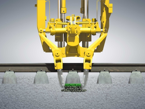 Verdichten - Für eine möglichst stabile Gleislage wird das Schottergerüst unter der Schwelle durch die einwirkende Vibration der Stopfpickel verdichtet.